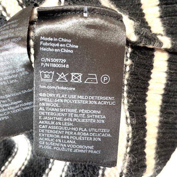 H&M Cropped Sweater Size M Wool Blend Black White Striped Crew Neck Long Sleeves - Picture 14 of 14